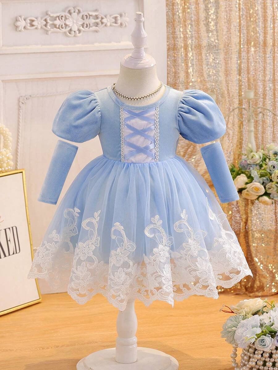 Glamorique Kids Baby Girl Elegant Blue White Summer Birthday Princess Dress Charming Velvet Puff Short Sleeve Double-Layer Mesh Embroidered Floral Trim Snug Fit - Blue - View 1