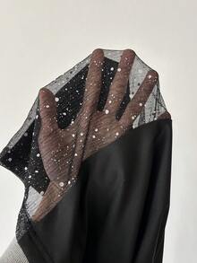 SHEIN PETITE Ladies Elegant Mesh & Glitter Splice Black Slim Straight Leg Pants, Fit For Commuting, Casual And Daily Wear, Spring/Summer - Black - View 11