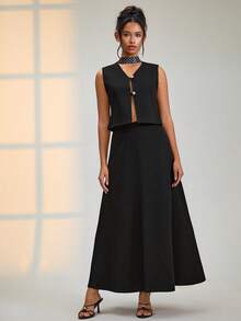 EURMUSE 女士纯色金色纽扣细节背心和裙子两件套 - 黑色 - 查看 3