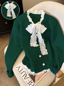 Franclia Women's Stylish Lace-Up Loose Knit Cardigan - Dark Green - View 5