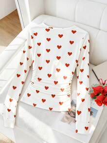Franclia Áo thun nữ lãng mạn ngày Valentine với họa tiết trái tim, viền ren, cúc in màu trắng và đỏ, tay dài, xếp ly hai bên eo, thích hợp cho mùa đông, Giáng sinh, Năm mới, tiệc tùng, đi biển, thanh lịch. - Nhiều màu - Xem 2