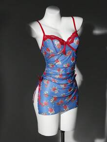 Seduluxe 复古蕾丝拼接花卉修身A字吊带裙，性感女士睡袍 - 藍色 - 查看 5