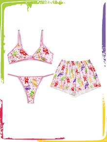 Teletubbies X ROMWE 3pcs Set: Cartoon Pattern Wireless Bra, Thong Panty, And Shorts - Multicolor - View 1
