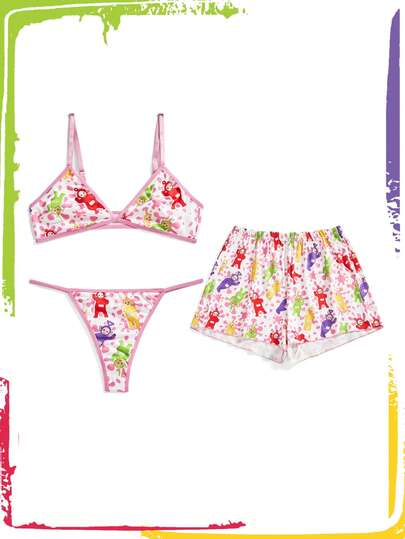 Teletubbies X ROMWE Set de 3 piezas: Sujetador inalámbrico con estampado de dibujos animados, tanga y shorts