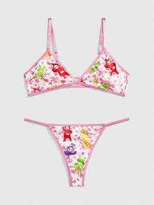 Teletubbies X ROMWE 3pcs Set: Cartoon Pattern Wireless Bra, Thong Panty, And Shorts - Multicolor - View 10