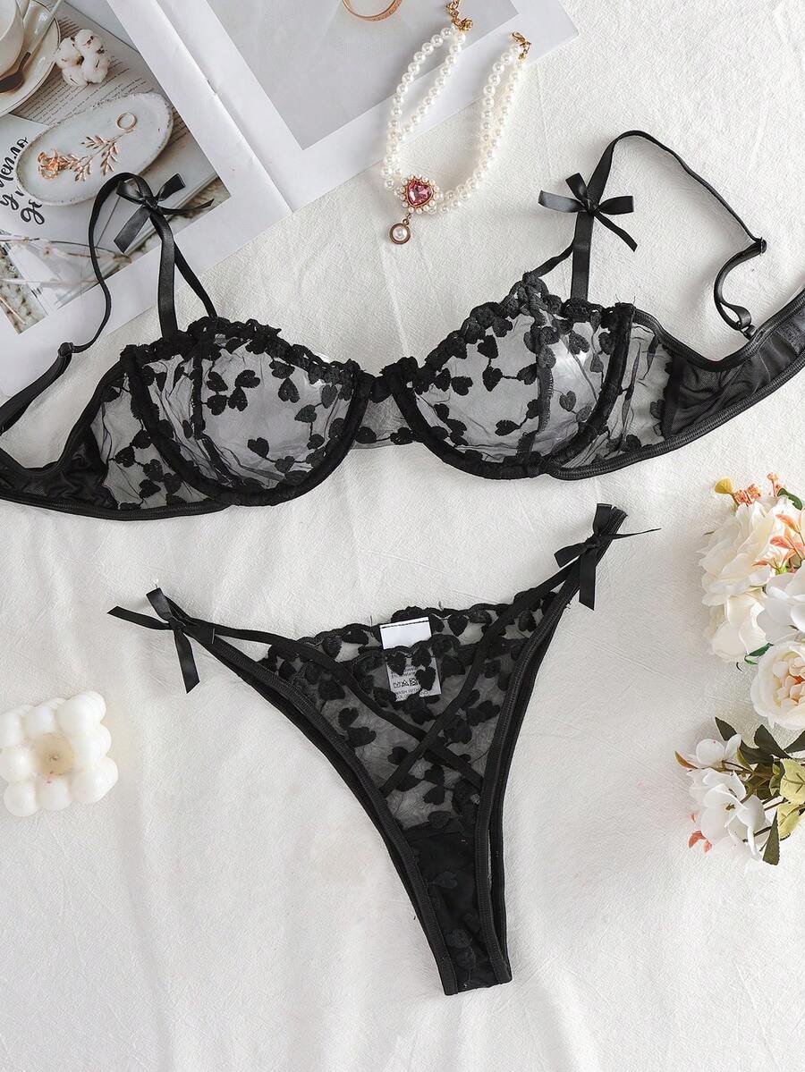 PetitDoll Embroidered Mesh Underwire Bra & Panty Lingerie Set - Black - View 1