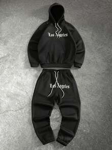 PAVTROS Conjunto casual de dos piezas con capucha y cordón, con impresión de letras, ropa de otoño para hombres - Negro - Ver 5