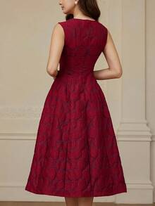 Aveloria Rosie Women's Round Neck Sweet Dress Style Cinched Waist Cutout Flared Hem Sleeveless Dress - Red - View 6