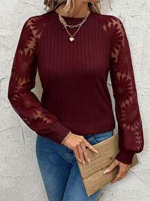 SHEIN Clasi Women's Casual Burgundy Rib-Knit Round Neck Top With Sheer Floral Raglan Long Sleeves - Burgundy - View 3