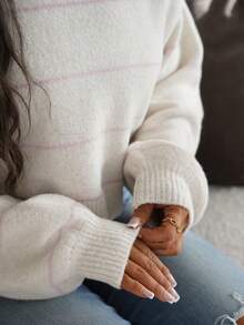 SAYEHFBABY 女式条纹落肩长袖短款休闲套头衫针织套头衫秋冬 - 彩色 - 查看 3