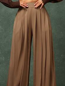 High Waist Pleated Detail Wide Leg Elegant Pants - Brown - View 4