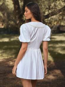 WESTFADE V Neck Oversized Ruffle Collar Puff Sleeve Pleated A-Line Fit & Flare Mini Dress Fall, Autumn, Winter, Cute, Casual, Western, Boho, Nashville Cowgirl, Holiday, Christmas, New Year, NYE - White - View 5