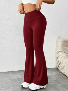 SHEIN PETITE 女士纯色喇叭紧身裤翻边打底裤弹力靴型喇叭裤瑜伽裤Y2K慢跑裤 - 酒紅色 - 查看 5