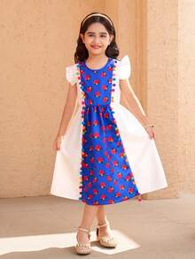 Girls,Young Girl Blue Background Red Flower Contrast Color Dress,White,Summer,Fairy,Family Matching Colorful Pom Pom Decor,Cap Sleeve Design,Party - Multicolor - View 4