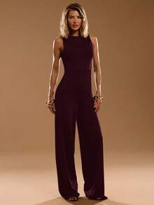 SHEIN BAE 优雅无袖纯黑色阔腿连体裤，适合日常穿着、约会、外出、派对、聚会等场合，百搭的女士叠穿单品，不对称阔腿连体裤，适合情人节、日常穿着，优雅连体裤 - 紫紅色 - 查看 7