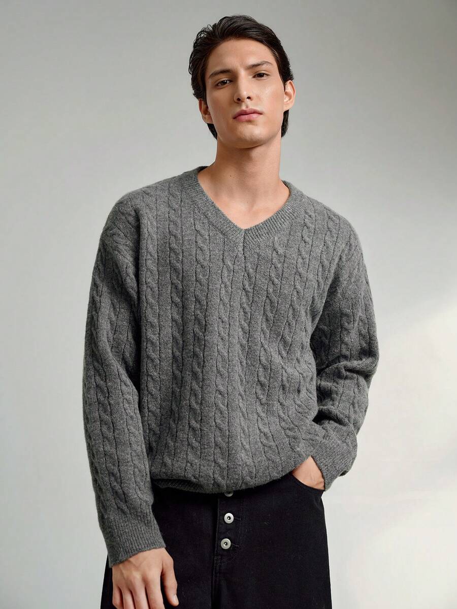 RONVEXI 男士V领长袖时尚百搭毛衣，秋冬款 - 灰色 - 查看 1