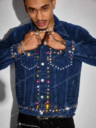 Street Life Men's Turndown Collar Single-Breasted Rhinestone Pocket Daily Commute Long Sleeve Denim Jacket