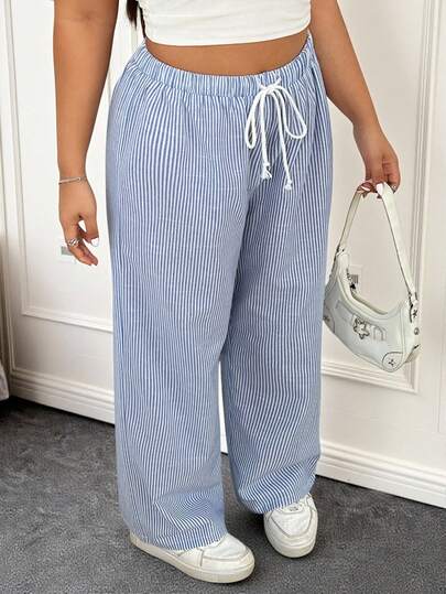 CovetEZ Plus Size Women's Stripe Print Drawstring Pants