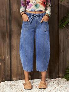 EMERY ROSE Women's Drawstring Waist Pocket Tapered Casual Versatile Jeans - Blue - View 4