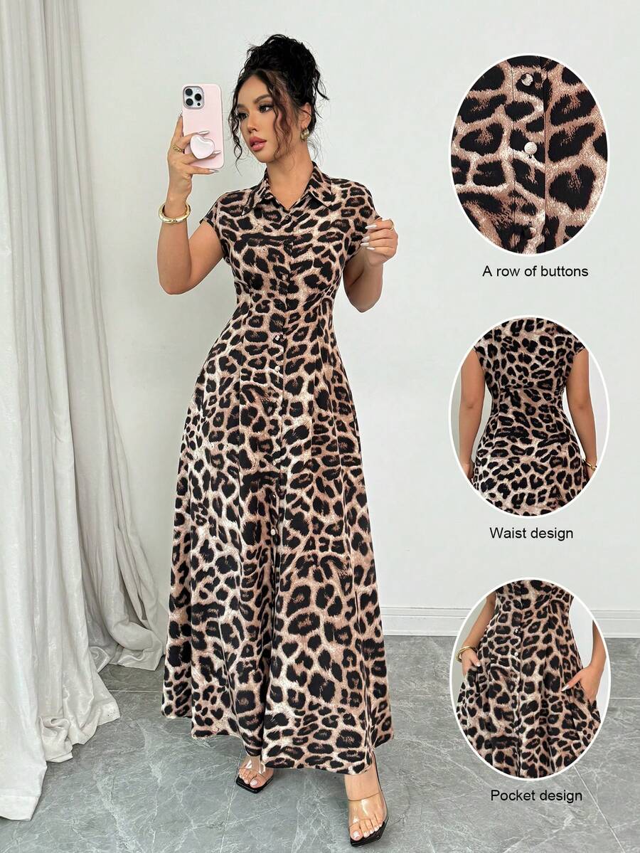 Rafferiza Vestido abotonado de manga corta con cuello, cintura ceñida y estampado de leopardo elegante para mujer - Óxido marrón - Ver 1
