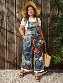 EMERY ROSE Quần yếm denim in họa tiết chắp vá cổ điển cỡ lớn - Màu xanh lam - Xem 6
