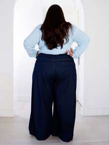 Pretty and Ole Jeans bleu foncé grande taille taille haute pantalon jambe large, vêtement élégant pour dames, confortable avec taille élastique, vêtements pour femmes en automne - Jean brut - Voir 2