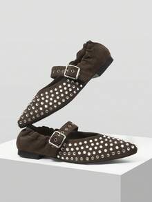 Mnmlis Femmes Mode Navetteur Décoration Strass Bout Pointu Boucle Réglable Ballerines - Marron - Voir 2