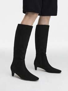Mnmlis Women's Square Toe Minimalist Kitten Heel Mid-Calf Boots For Christmas - Black - View 9