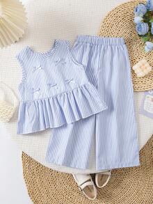 2pcs/Set Girls Elegant Bowknot Sleeveless Top And Wide Leg Pants Set - Baby Blue - View 3