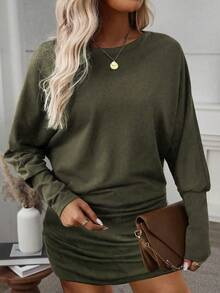EMERY ROSE Fashionable Casual New Military Green Round Neck Batwing Long Sleeve Ruched Hem Plus Size Dress - Green - View 4