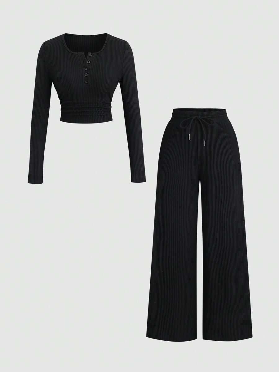 Sweetra Bộ đồ xuân/thu/đông mới cho nữ, thích hợp cho các buổi đi chơi, đi làm, thường ngày, ở nhà, văn phòng, màu trơn, vải nhung gân, hở lưng trang trí, cạp chun có thể điều chỉnh, vải họa tiết, bộ 2 món - màu đen - Xem 1