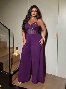 NU&NOW Plus Size Women's Sexy Party Spaghetti Strap Shiny Elastic Mesh Wide Leg Jumpsuit, Autumn/Winter - Purple - View 5