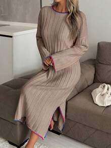 女士罗纹针织彩色针脚细节宽松长款毛衣连衣裙 - 米色 - 查看 6