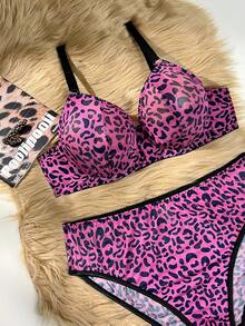 2pcs Plus Size Sexy Leopard Print Patchwork Lingerie Set ClassicAnimalPrint - Red Violet - View 6