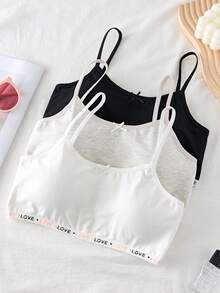 3件套少女基础款字母撞色蝴蝶结装饰加厚吊带文胸，简约纯色 - 彩色 - 查看 3