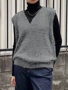 FRIFUL 女士纯色V领休闲百搭针织背心，秋冬季 - 深灰色 - 查看 5