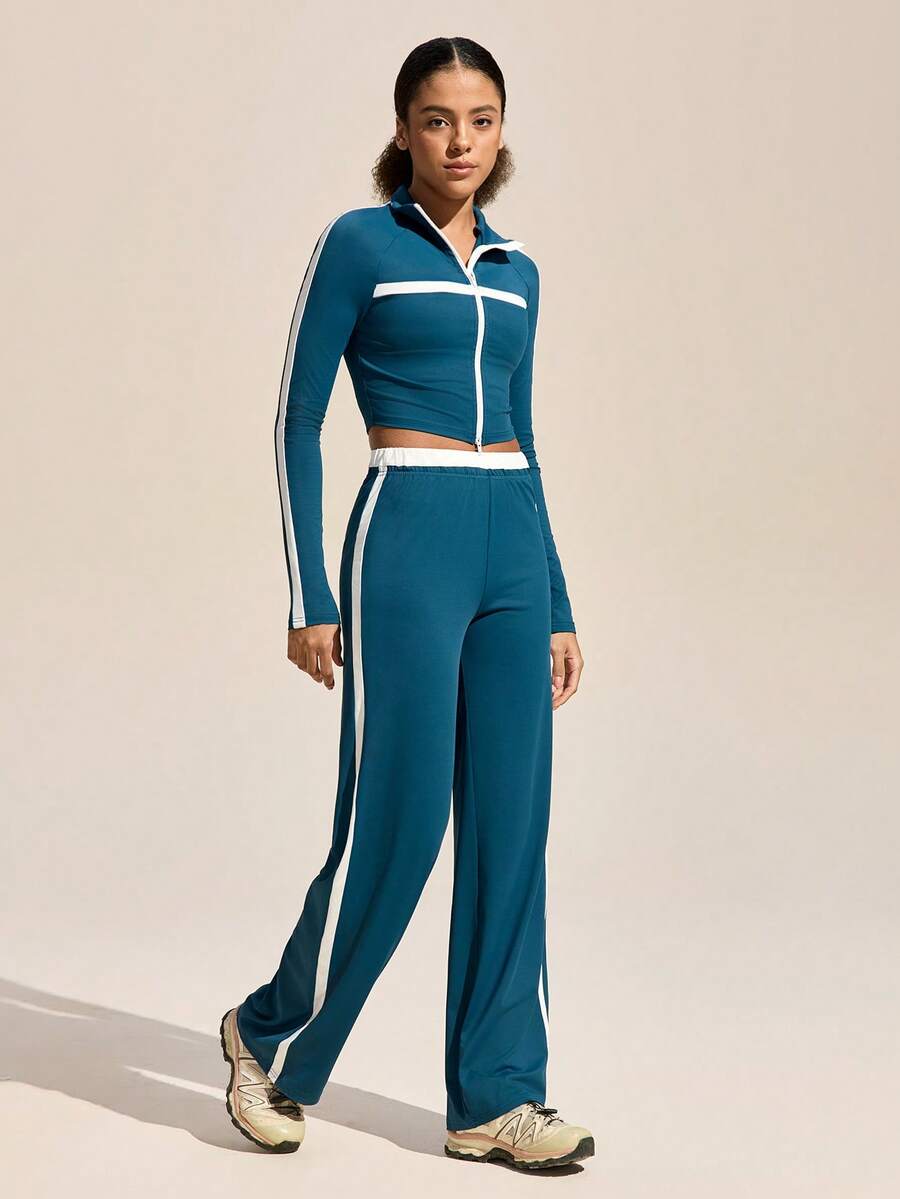 Exploreva 女士户外侧条纹撞色拉链阔腿修身运动休闲两件套 - 彩色 - 查看 1