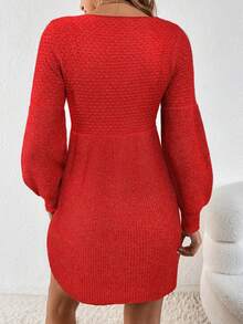 SHEIN Frenchy 女士休闲日常通勤简约纯色灯笼袖收腰针织连衣裙，秋冬款 - 紅色 - 查看 2