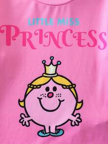 Mr Men Little Miss X SHEIN Young Girl Casual Daily Commute Cute Cartoon Letter Print Long Sleeve T-Shirt, Autumn/Spring - Pink - View 3