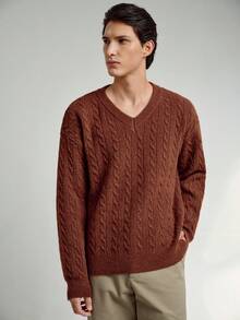 RONVEXI Men's Casual V-Neck Drop Shoulder Cable Knit Sweater, Autumn/Winter - Bronze - View 4