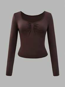 INAWLY Áo thun nữ dáng ôm màu trơn thời trang đa năng, mùa thu - màu nâu - Xem 2