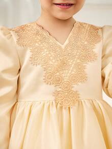 Glamorique Kids Champagne Long Sleeve Satin Embroidered Flower Girl Dress For Baby Girls,Elegant White Summer Birthday Party Gown,Ruffle Hem Princess Performance - Champagne - View 6