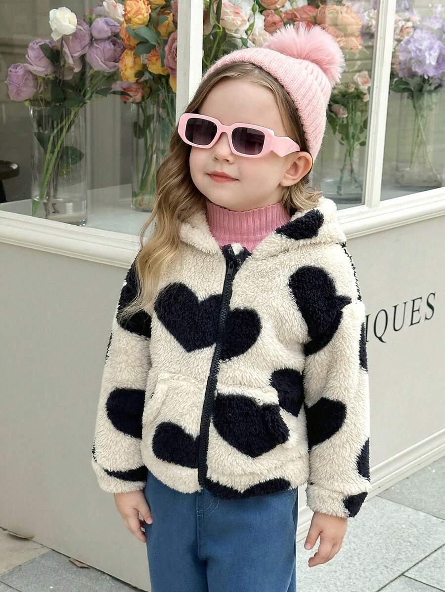 女童可爱黑色爱心时尚舒适连帽长袖外套，秋冬季女童爱心外套，幼儿女童爱心外套，儿童爱心外套，女童爱心印花外套，爱心抓绒外套 - 杏色 - 查看 1