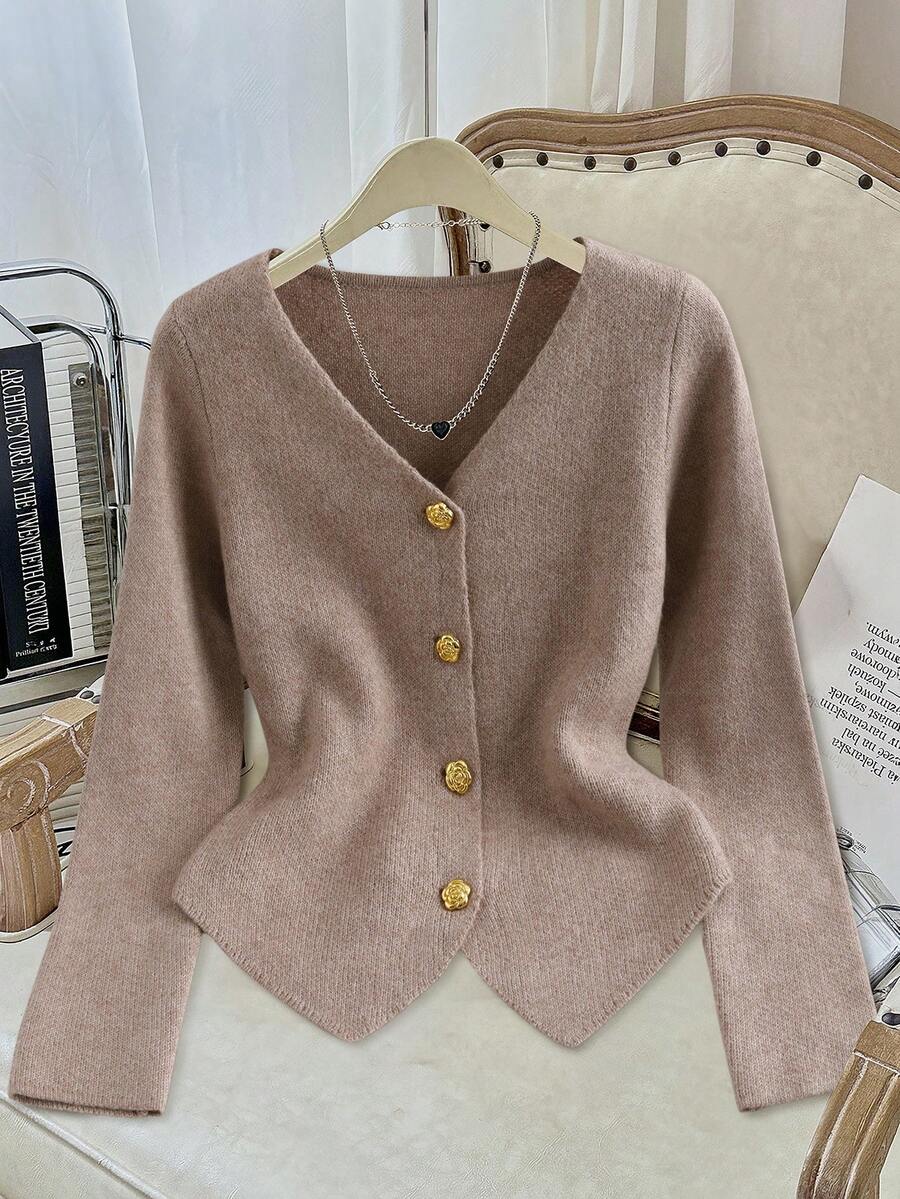 Modelyn 女士常规款长袖单排扣休闲针织开衫 - 卡其色 - 查看 1