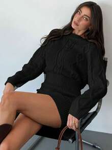 Aloruh Women Loose Top Tight Bottom Mini Round Neck Pullover Sweater Dress - Black - View 5