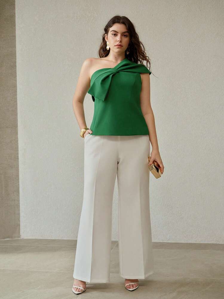 PLUS SIZE WOMEN'S GREEN ONE SHOULDER BIG BOW SLIM FIT TOP , SPRING/SUMMER