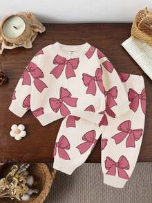 新生女宝宝可爱休闲针织蝴蝶结装饰长袖卫衣和松紧腰裤套装