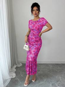 Elenzga 法式优雅印花荷叶边中长连衣裙 - 玫紅色 - 查看 4