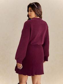 Elaquor Plus Size Women Casual Solid Color Long Sleeve Sweater Dress, Autumn/Winter - Burgundy - View 2