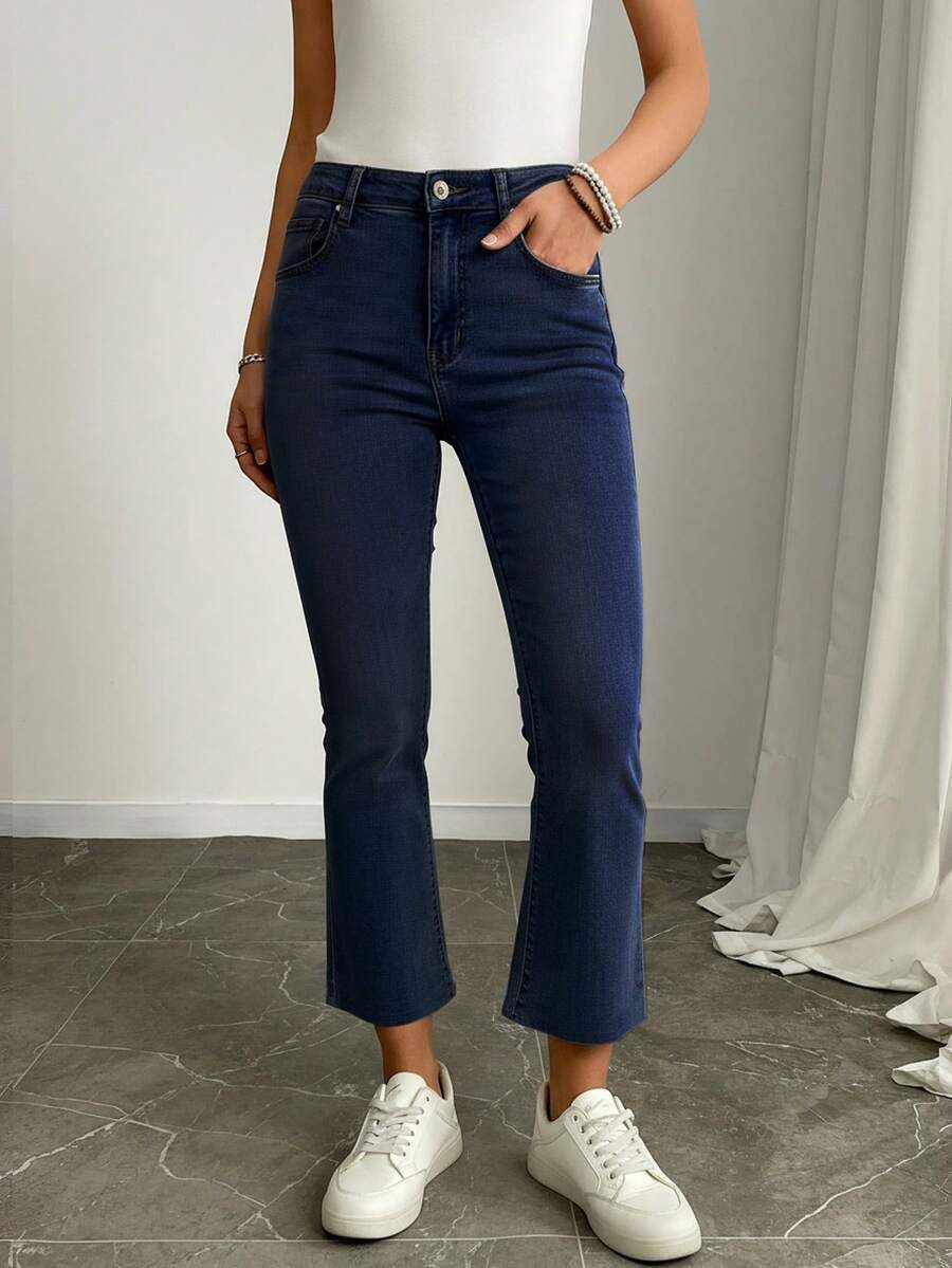 Elenzga Quần jeans ống loe đa năng thường ngày có túi dành cho nữ - Rửa tối - Xem 1
